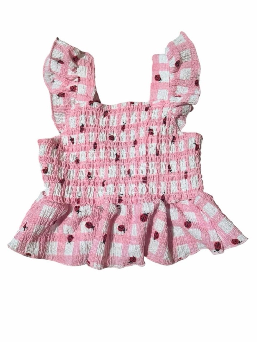 Madison Layne Pink & White Ladybug Gingham Smocked Tank with Berry Print